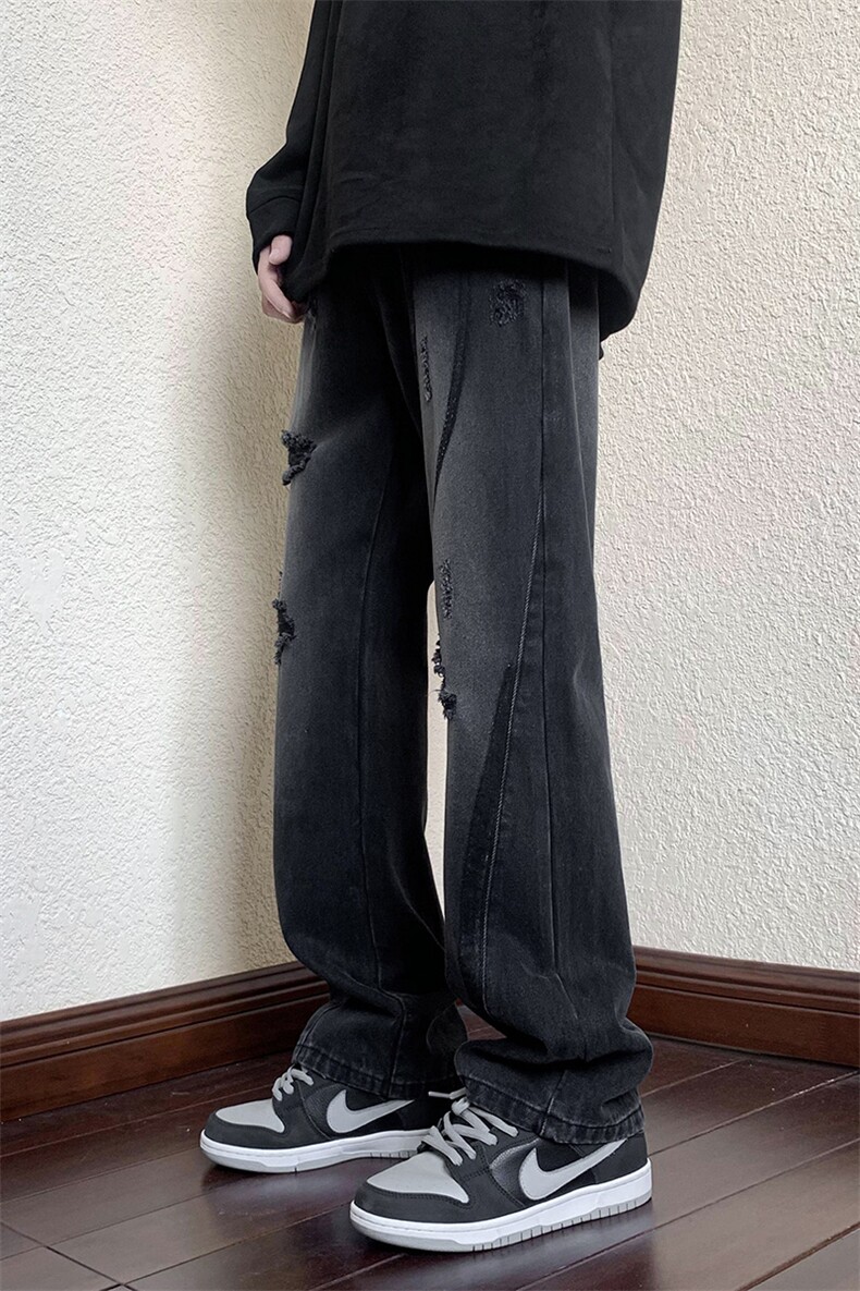 B221美式ins高街小众男女个性款微喇破洞牛仔裤LK23001-P65控88,男装牛仔裤,电商B221