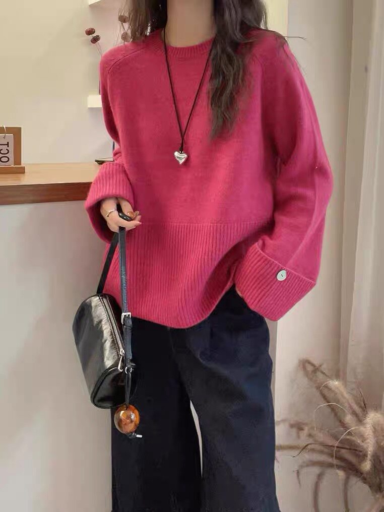 秋冬宽松慵懒风100%纯羊毛衫女圆领纽扣加厚针织毛衣宽松羊绒打底,女装羊毛衫,千御纺羊绒