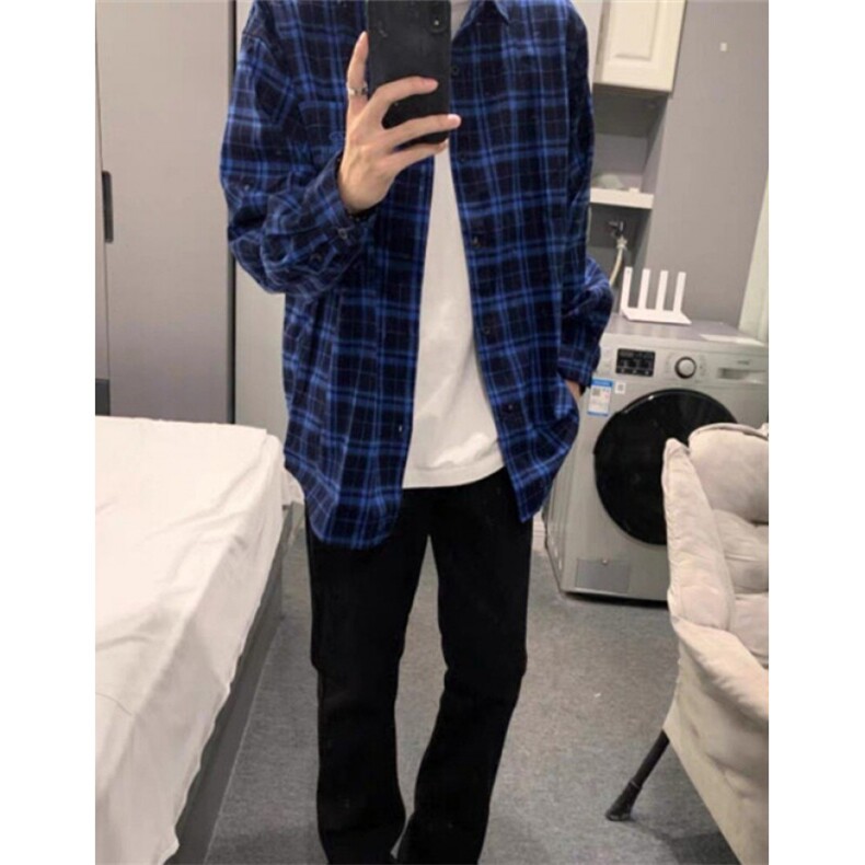蓝色格子长袖衬衫男女款2025春秋冬季格纹衬衣外套CS380,男装衬衫,星座1116A（原606A-3）
