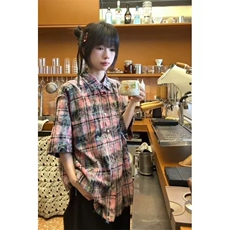 出货格子短袖衬衫复古宽松休闲五分袖衬衣美式防晒外套CSS13P35，男装衬衫，电商D256-1(原A064-1)