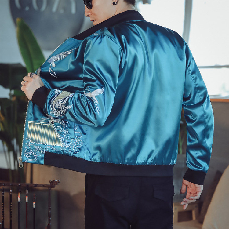 7033春装中国风仙鹤重工刺绣修身夹克男国潮外套QT715，男装夹克，钱塘715