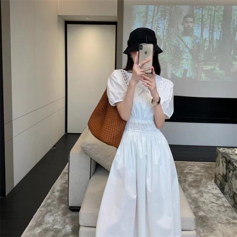 韩连衣裙女新款2021夏法式复古花边娃娃领泡泡袖中长款,女装连衣裙,潮品会