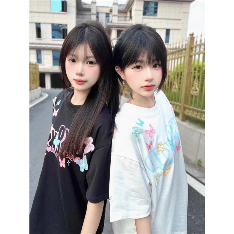 夏季新款美式复古潮牌立体蝴蝶字母短袖T恤男女情侣宽松半袖衫图片