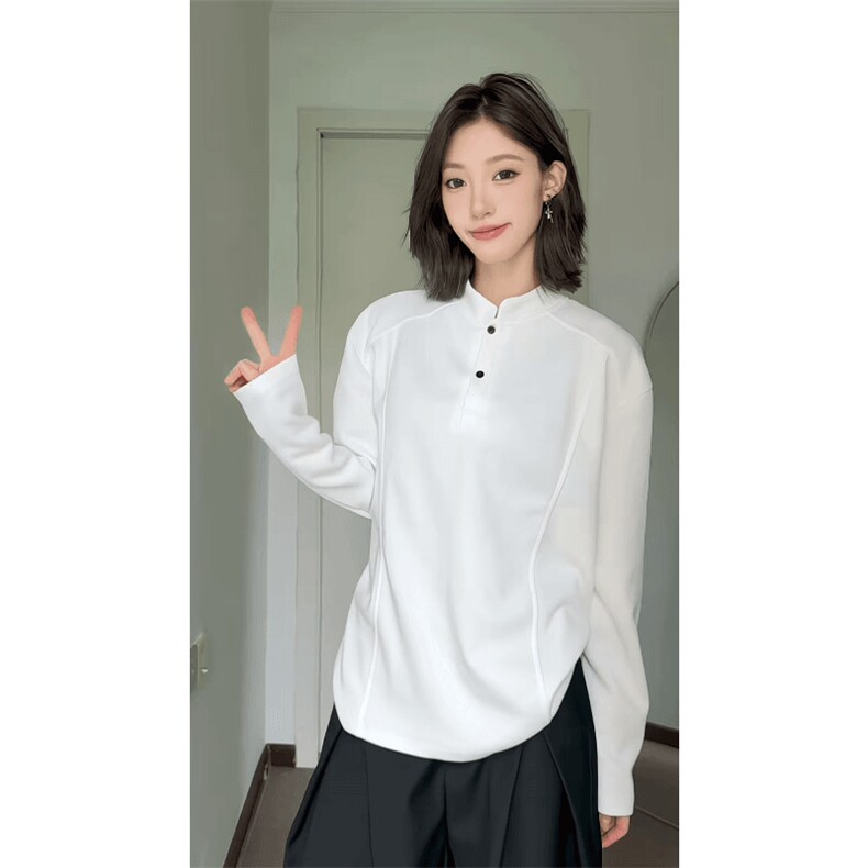 抖音得物品质美式高街重磅曼巴棉拼接cleanfit亨利领卫衣长袖T恤,男装T恤,电商A486