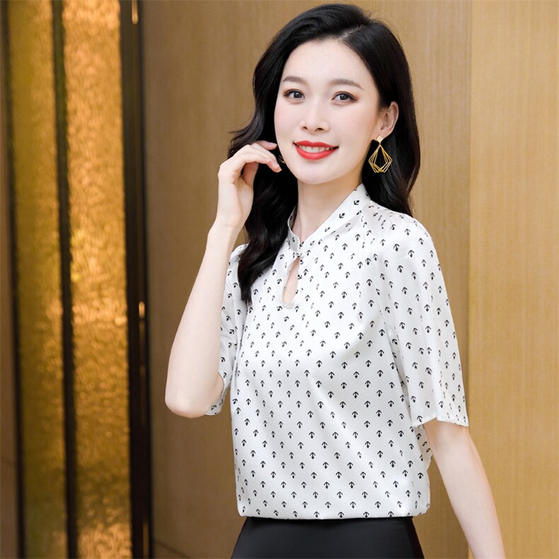 衬衫女2025新款夏季小个子气质t恤桑蚕丝真丝碎花短袖上衣,女装衬衫,阿舍尔精品