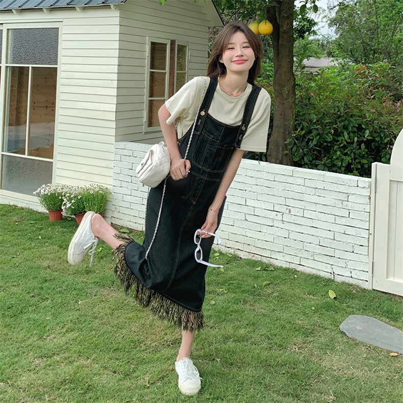 流苏牛仔背带裙套装女夏连衣裙学院风超好看减龄小清新酷盐系炸街，女装套装/套裙，新思路