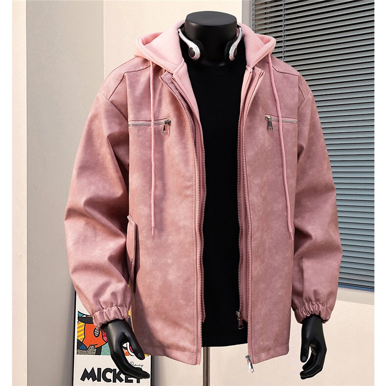 1港风连帽PU皮假两件复古做旧面料金属装饰夹克男JK77767P108控，男装夹克，星座226-2