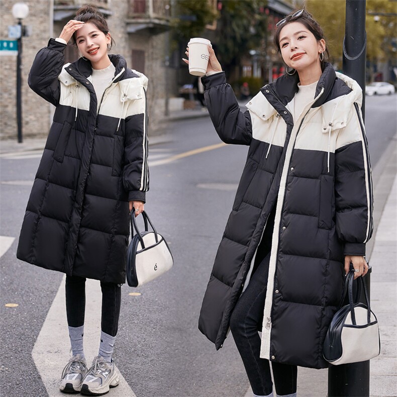 撞色拼接羽绒服女中长款2025冬季新款韩版连帽休闲加厚白鸭绒外套,女装羽绒服,韩宇舍