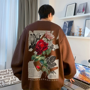 抖音品质春季新款美式复古玫瑰印花宽松卫衣JK23391特批25-控48图片