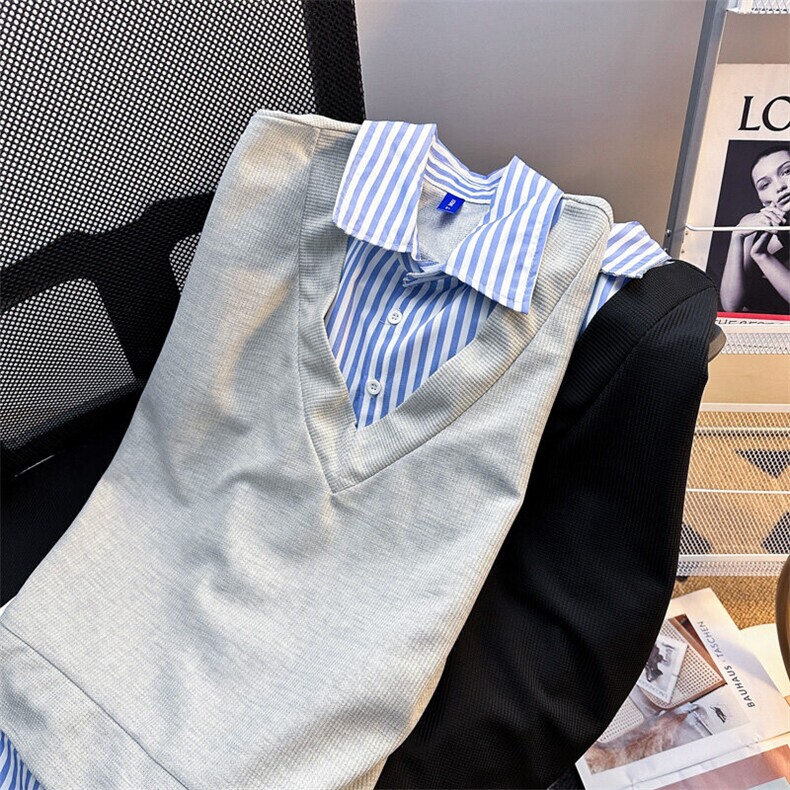 港风夏款男短袖衬衫假两件拼接条纹短衬衣CS090P38,男装衬衫,星座1013-1
