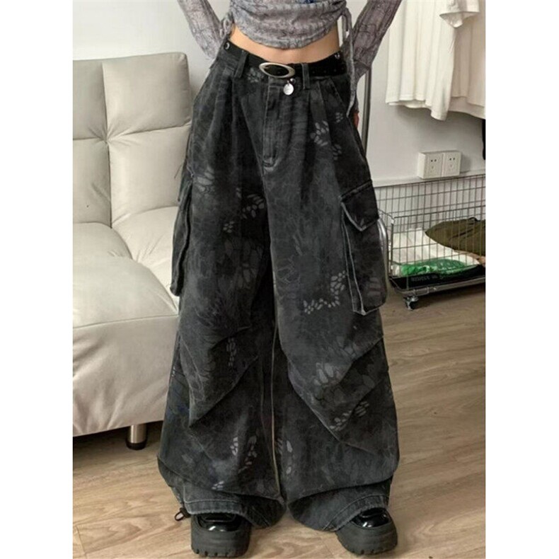 复古高街蛇纹多口袋工装牛仔裤女高腰坠感宽松阔腿裤子K1986,男装牛仔裤,星座1116A（原606A-3）