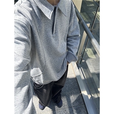 老钱风灰色正肩polo领长袖卫衣男女秋季宽松翻领上衣半拉链套头衫，男装Polo衫，星座203-1