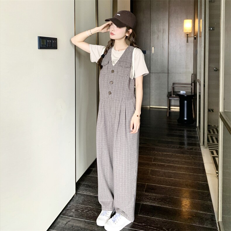 韩版灰色复古格纹背带裤女2025年春秋季新款设计感小众显瘦连体裤,女装连体裤,2C158
