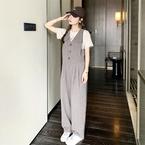 韩版灰色复古格纹背带裤女2025年春秋季新款设计感小众显瘦连体裤图片