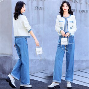套装女2022秋装新款时尚百搭小香风珍珠扣外套上衣+牛仔长裤图片