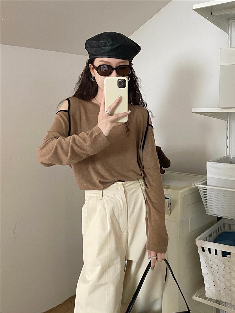 夏季新款露肩长袖针织衫女宽松显瘦百搭上衣,针织衫/毛衣,伟祺羊绒
