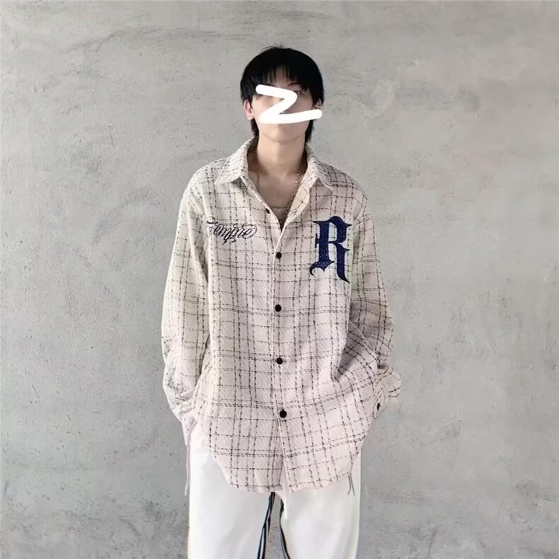 潮高街刺绣小香风格子ins长袖衬衫男女街头痞帅外套潮JK12/P52,男装衬衫,星座506