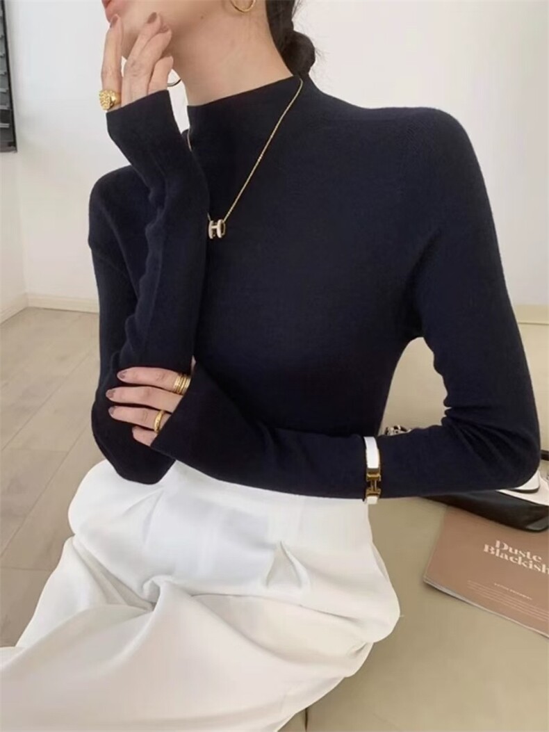 千绒纱内搭黑色中领秋冬半高领时尚针织衫，女装针织衫/毛衣，鑫友供货