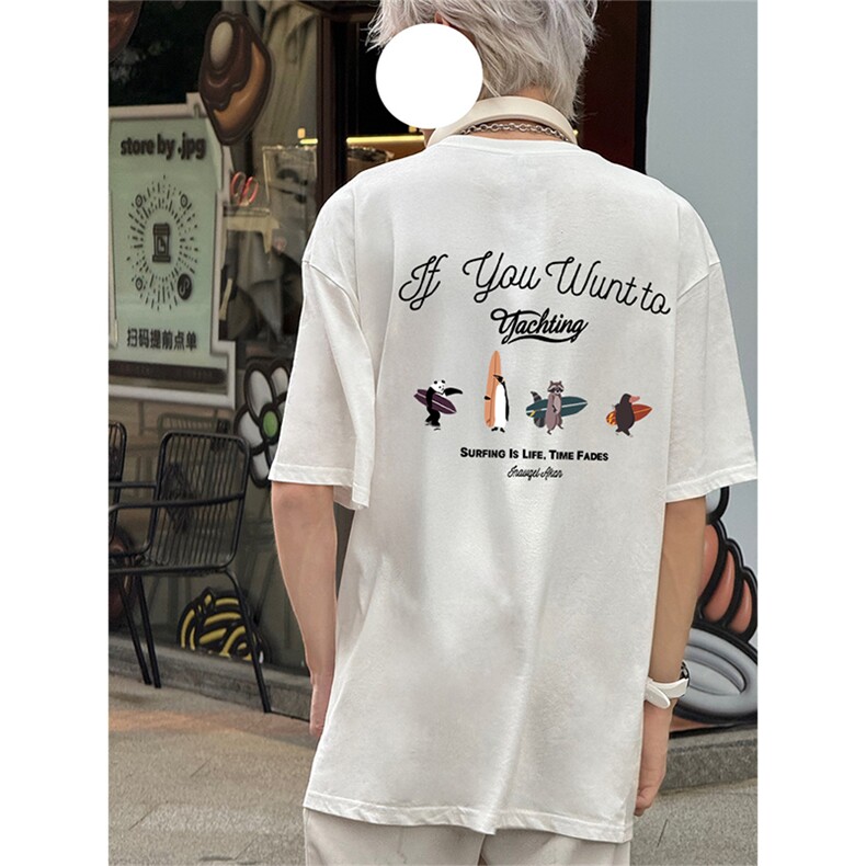 抖音得物供货现货210克宽松纯棉美式潮牌印花落肩袖纯棉T恤AT2127，男装T恤，电商A443