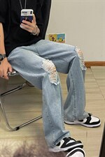 新款男女高街破洞宽直筒个性潮牌牛仔裤长裤子NZ689批45控68，男装牛仔裤，星座715