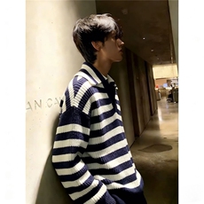 领海军蓝老钱松弛感条纹毛衣男针织衫，男装针织衫/毛衣，四季星座505