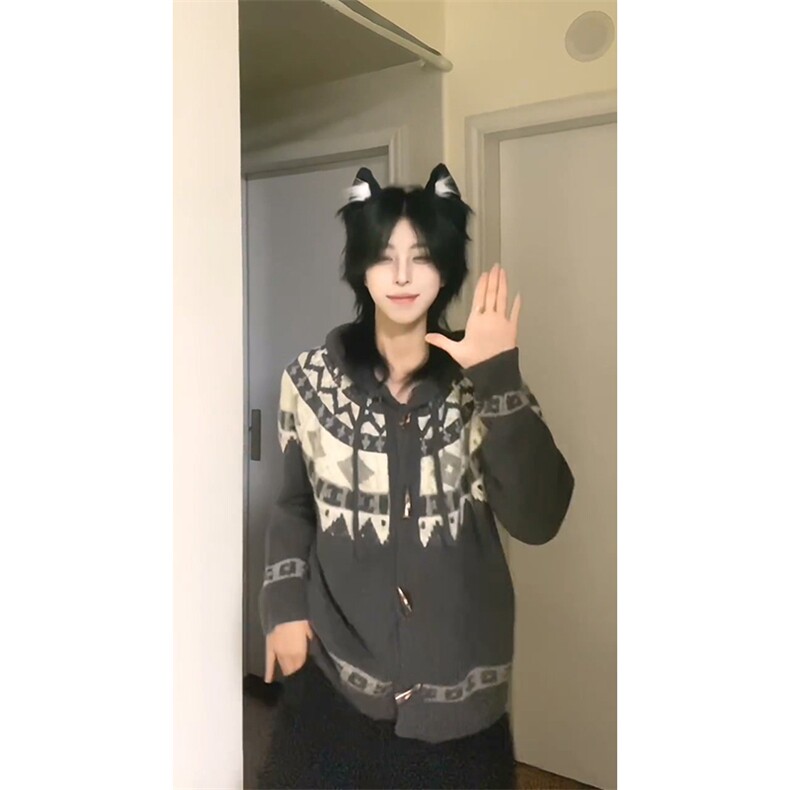 重磅秋冬北极绒开衫毛衣美式复古休闲慵懒风牛角扣针织衫连帽外套图片