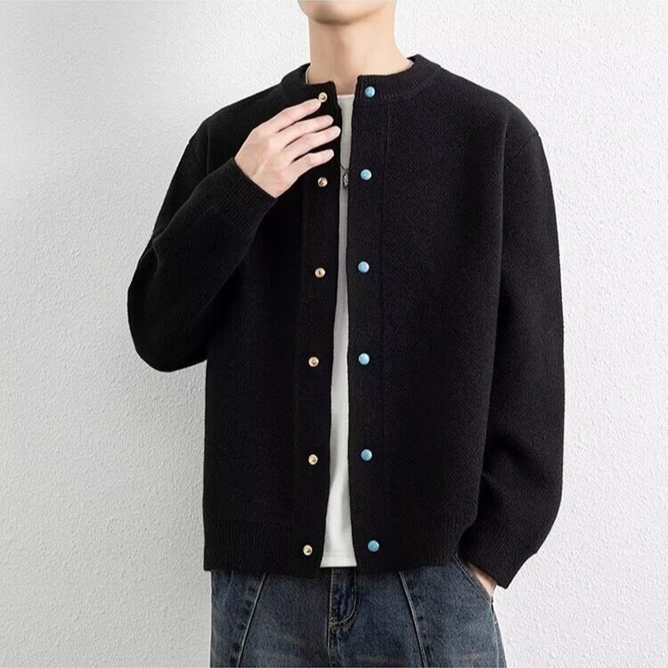 M170-P63灰色圆领简约宽松纽扣针织开衫2025秋冬季新款,男装卫衣,电商B323A
