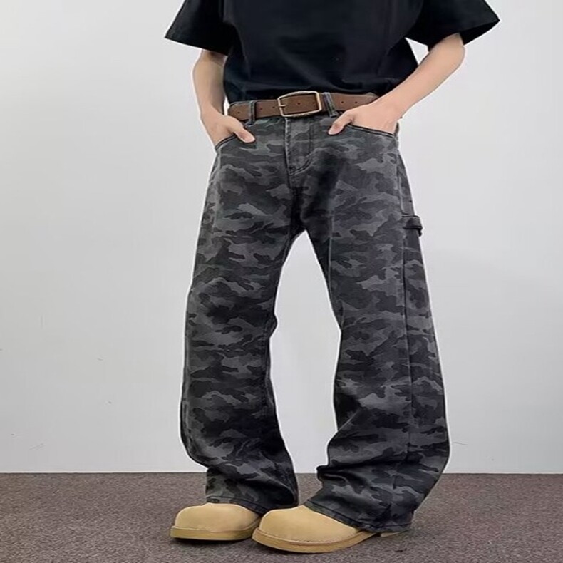 水洗复古伐木迷彩牛仔裤男款夏季美式高街宽松休闲百搭直筒阔腿裤,男装牛仔裤,星座218-8