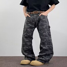 水洗复古伐木迷彩牛仔裤男款夏季美式高街宽松休闲百搭直筒阔腿裤，男装牛仔裤，星座218-8