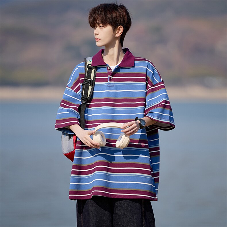 美式复古条纹Polo衫翻领短袖T恤百搭男士上衣225-2-8802-P45-控65，男装T恤，星座225-2
