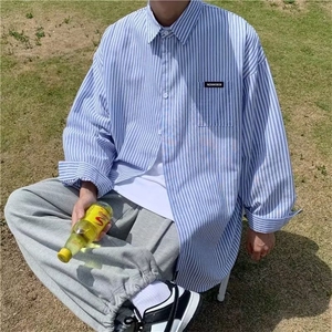 条纹衬衫男长袖春秋季潮流韩版百搭宽松休闲大码港风男生衬衣外套图片