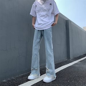 现货 黄泥美式vibe裤高街黑色破洞微喇直筒毛边牛仔裤男 K890-P55图片