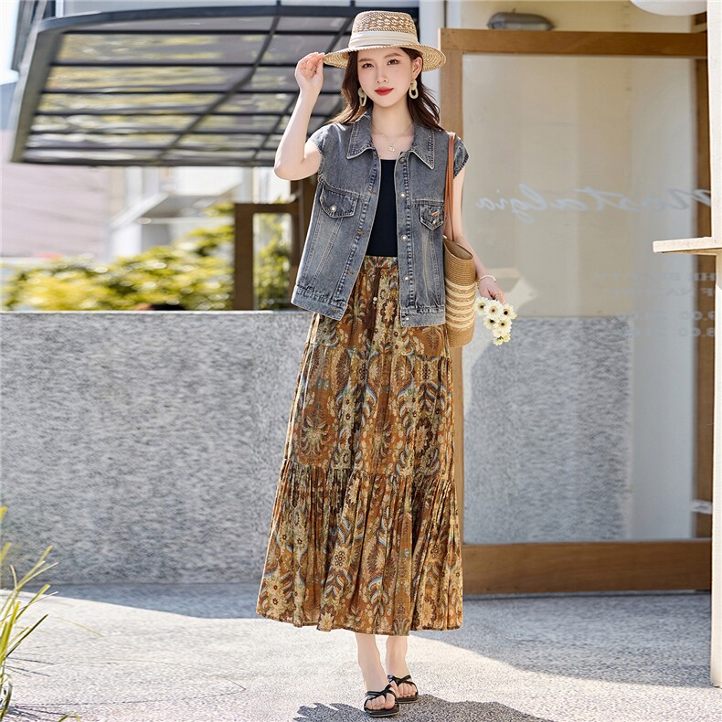 2026夏季度假风翻领牛仔马甲搭配复古印花半身裙两件套，女装连衣裙，鑫鑫美