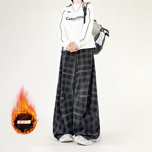 秋冬新款加绒加厚格子纹休闲裤男美式松弛感弯刀裤子-A2246TP45