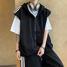 夏季运动套装休闲男宽松拉链无袖背心搭配条纹直筒长裤子一整套男，男装休闲套装，星座601-2