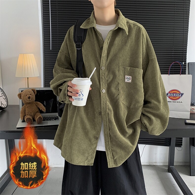 秋冬 日系复古灯芯绒加绒加厚长袖衬衫外套港风保暖潮男 H222/P65图片