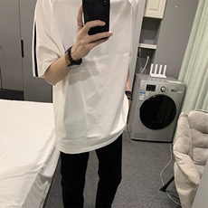 抖音得物高品质二开240克宽松纯棉美式潮牌三条杠织带短袖T恤，男装T恤，电商A486