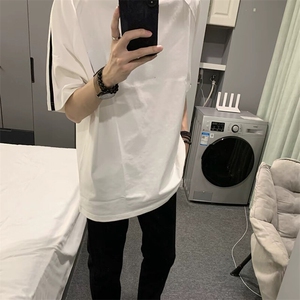 抖音得物高品质二开240克宽松纯棉美式潮牌三条杠织带短袖T恤图片