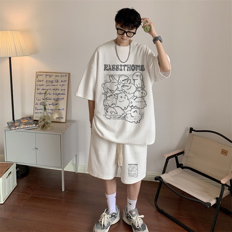 套装！华夫格套装男T恤短裤两件套大码港风TZ121-P50,男装休闲套装,电商B367