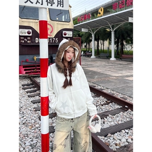 77lin 美式复古烫钻星星毛领连帽开衫卫衣女秋季慵懒感设计外套潮图片