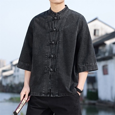 夏季牛仔七分袖衬衫盘扣立领上衣宽松大码男休闲CS2504-P7088，男装衬衫，电商A008