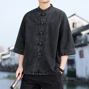 夏季牛仔七分袖衬衫盘扣立领上衣宽松大码男休闲CS2504-P7088图片