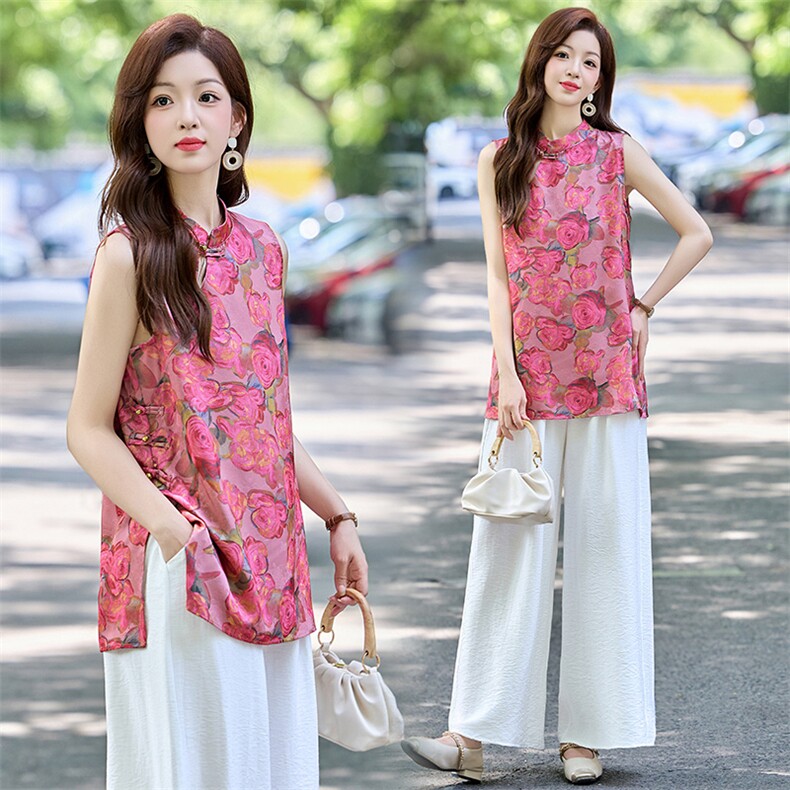 新中式国风套装女2025夏新款气质巨好看的无袖小香风阔腿裤两件套，女装套装/套裙，芭米依尚