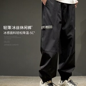 工装裤男春秋款宽松直筒裤子个性拼接褶皱美式潮牌痞帅伞兵裤图片