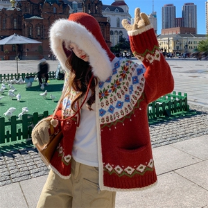 韩系宽松连帽红色毛衣外套女2025年秋冬新款穿搭慵懒风针织开衫潮图片
