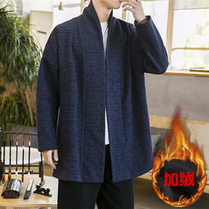 中国风冬款无扣风衣纯色中国风开衫长袖亚麻外套加绒汉服D582P95图片