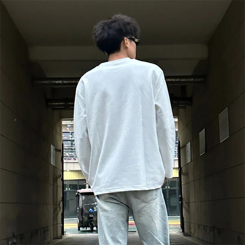 抖音得物品质26春装美式高街宽松曼巴棉螺纹拼接卫衣圆领长袖T恤,男装T恤,电商A443