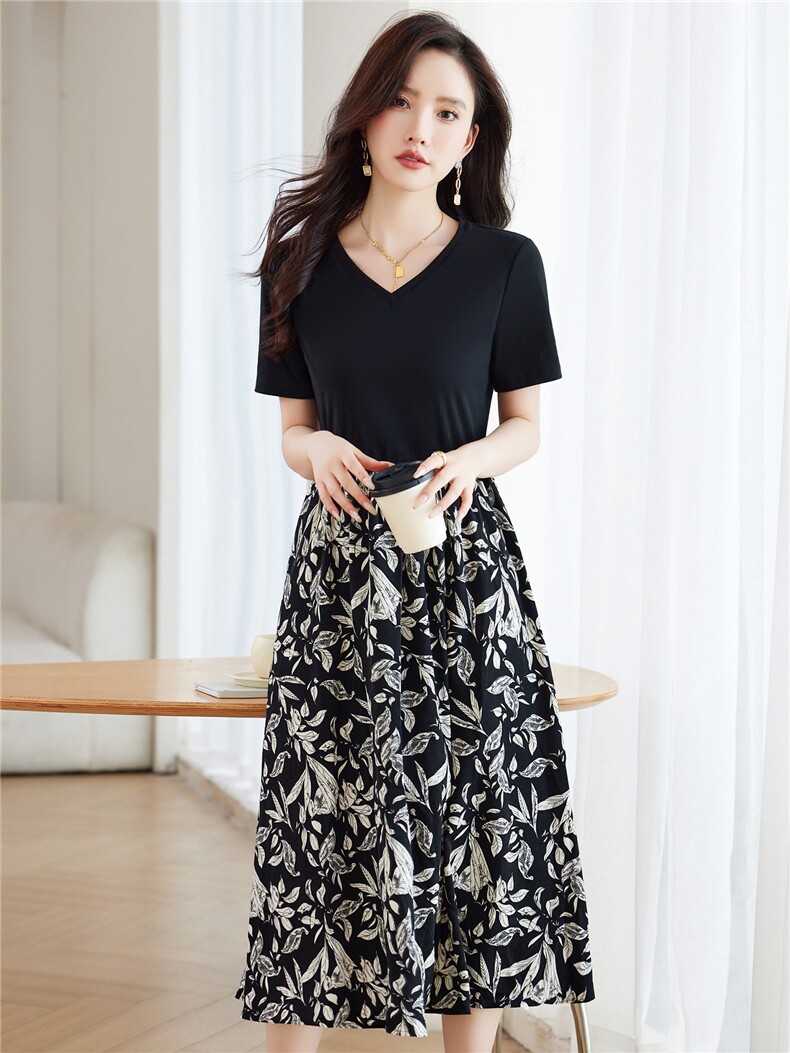 短袖V领印花连衣裙女2025年夏季新款收腰百搭显瘦T恤裙子,女装连衣裙,时尚风爆