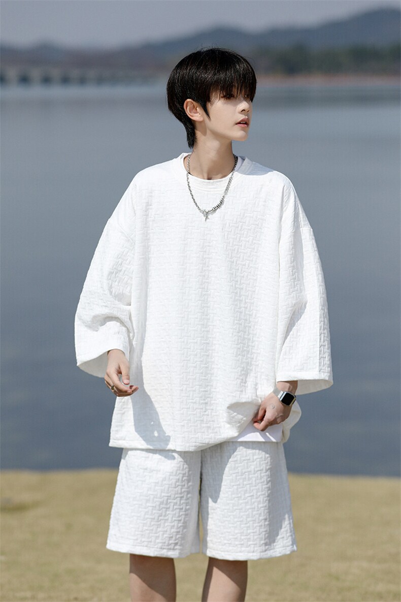 8XL-M高级感纹理短袖套装男夏季慵懒风T恤短裤两件套TZ108P78,男装T恤,电商D206-1