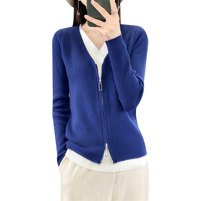 拉链门襟装饰V领长袖短款针织开衫女秋冬季新款,针织衫/毛衣,贵皇网供仓